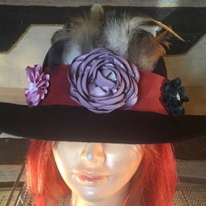 Vintage black wool felt hat O/S creation of AmyG  Red suede band/rooster plume